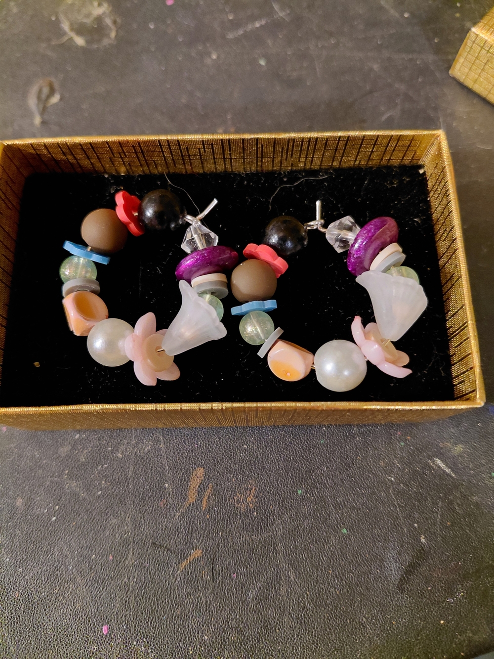 Mixed Color Floral Bead Hoop Earrings - Pink, Purple & Pearl Accents